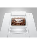 No Sweat Automatic Coffee Maker With Smart Touchscreen And Adjustable Steaming Settings Piano White Finish, showing coffee bean hopper.