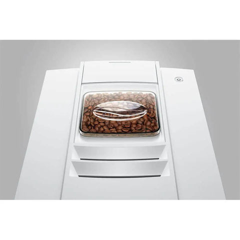 No Sweat Automatic Coffee Maker With Smart Touchscreen And Adjustable Steaming Settings Piano White Finish, showing coffee bean hopper.