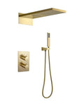 Built Different Wall Mounted Concealed Thermostatic Shower System With Buttery Smooth Brushed Gold Rainfall Spray and seamless dual control.