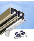 Close-up of Beefed Up Heavy Duty Aluminum Sliding Barn Door Hardware Kit With Double Bypass And Soft Close Pocket Door Track System.