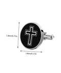 Fashionable Titanium Steel Cross Cufflinks For Men With Polished Black Finish showing one round cufflink with measurements