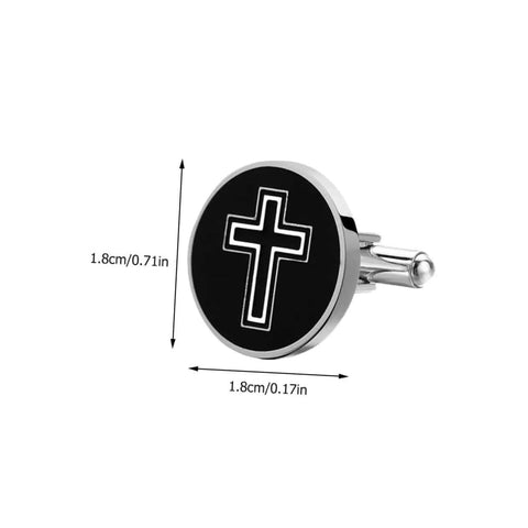 Fashionable Titanium Steel Cross Cufflinks For Men With Polished Black Finish showing one round cufflink with measurements