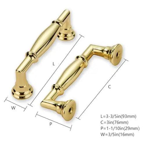 Ten Pack Polished Brass Cabinet Pulls Featuring Three Inch Hole Centers Top Shelf Heavy Duty Handles For Kitchens Drawers Wardrobes And Cabinets Smooth Pull No Sweat Install with detailed dimensions.