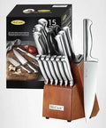 German Stainless Steel Kitchen Knife Set With Built In Sharpener In Self Sharpening Block displayed with box and wooden storage