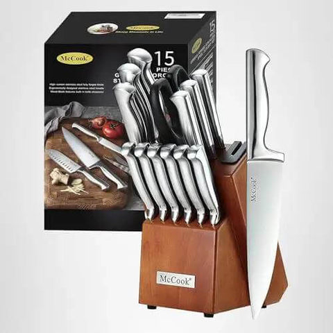 German Stainless Steel Kitchen Knife Set With Built In Sharpener In Self Sharpening Block displayed with box and wooden storage