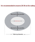 Diagram illustrating dimensions for setting Top Shelf Heavy Duty Tempered Glass Lazy Susan Turntable on dining table.