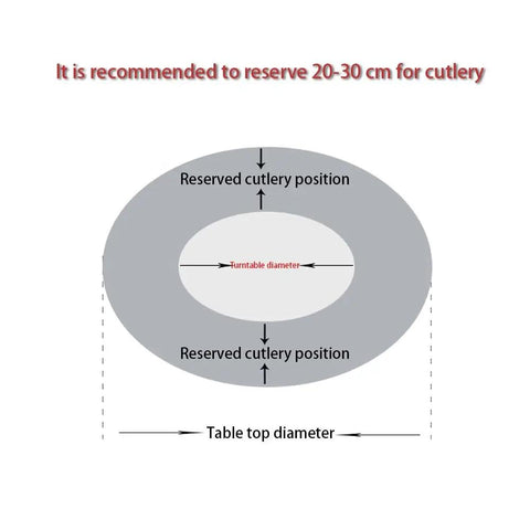 Diagram illustrating dimensions for setting Top Shelf Heavy Duty Tempered Glass Lazy Susan Turntable on dining table.