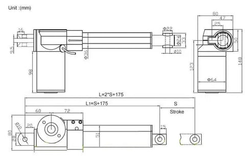 Heavy Duty DC Electric Linear Actuator 1230 LBS Load 12V 24V 50mm Stroke 2 Inch 42 Millimeters Per Second IP44 Built In Clutch And Limit Switch Quiet Operation Easy Install For Industrial Machinery And Home Projects dimension drawing