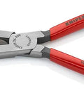 8-Inch Long Nose Pliers With Cutter, snipe nose side cutting, red handles, stork beak jaws, precision tips, distortion-tolerant design