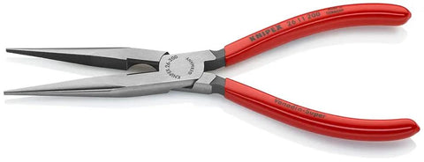 8-Inch Long Nose Pliers With Cutter, snipe nose side cutting, red handles, stork beak jaws, precision tips, distortion-tolerant design