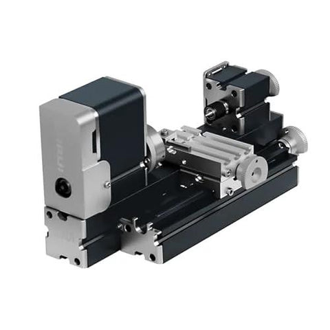 Miniature all-metal lathe for hobbyist use, black base with silver carriage and adjustment knobs