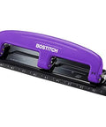 Purple EZ Squeeze Reduced Effort 3 Hole Punch For Busy Office, No Jam Technology, with integrated ruler and durable metal construction.