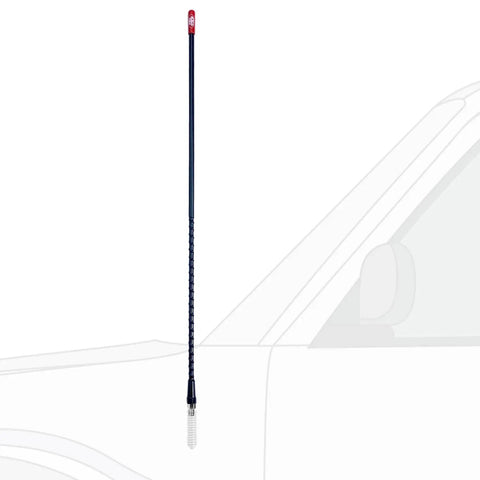2-Foot Fiberglass CB Radio Antenna With VibraSorb Anti-Breakage Design mounted on vehicle, black mast nickel-plated