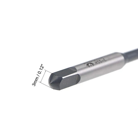 M3 X 0.5 Spiral Point Threading Tap H2 Tolerance High Speed Steel TICN Coated Round Shank, close-up of tap tip, 3mm measurement