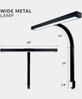 Wide metal Beefy 3000 Lumen LED Desk Lamp With Clamp for Home Office, dimensions labeled, 28-inch light bar, side view.