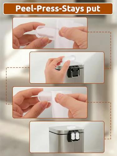 Peel-and-stick installation of Transparent Wall Protectors Behind Trash Cans, 6 Pack Silicone Bumpers for lids and bodies.