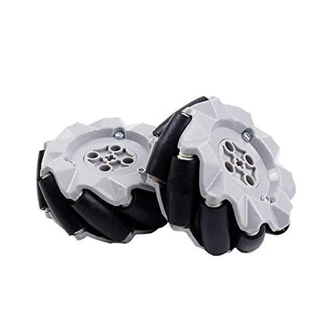 Pair of 64mm mecanum omni wheels with gray hubs and black rubber rollers