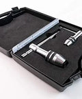 Two Piece Tap Wrench Set With Sliding T Handle And Reference Table For Zero To One Half Inch Taps Ideal For Precise Threading And Straight Holes In Metal Or Wood General Tools Professional Standard in a black case with measurement reference table and metal components visible.