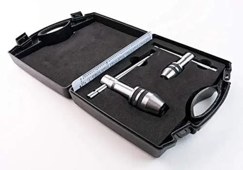 Two Piece Tap Wrench Set With Sliding T Handle And Reference Table For Zero To One Half Inch Taps Ideal For Precise Threading And Straight Holes In Metal Or Wood General Tools Professional Standard in a black case with measurement reference table and metal components visible.