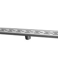 Brushed Stainless Steel 18 Inch Linear Shower Drain With 2 Inch Outlet 3.15 Inch Wide 304 Durable Stainless Steel Rust Resistant Sleek Slanted V Shape Design Easy Clean Removable Strip Grate For Quick Cleaning In Modern Showers, side view
