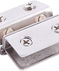 Straight Up No Fuss Dual Clamp Adjustable Stainless Steel Shower Glass Door Hinges close-up view with screws for frameless installations.