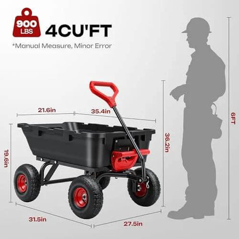 Heavy Duty Garden Dump Cart for yard farm and garden hauling with 900 lb capacity and 10 inch non slip pneumatic tires quick release system