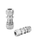 Front and side views of Pysrych 304 stainless steel bulkhead compression tube fittings, 1/8 in OD x 1/8 in OD, pack of 2.