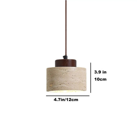 Modern Mini Pendant Light, Travertine Stone Light Fixture with Wooden Accent, 1-Light Cylinder Ceiling Lamp 4.7in for Kitchen Island.