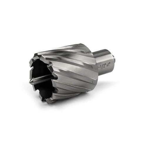 Annular cutter with spiral flutes, 1-1/2 in diameter, 3/4 Weldon shank, pilot pin for magnetic drill press