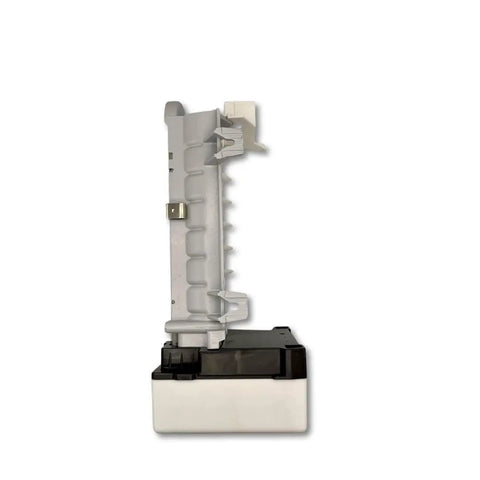 Side view of Easy Install Refrigerator Ice Maker Replacement Kit For Whirlpool And Kenmore Fits Side Wall Mounts, featuring clip-on hooks.