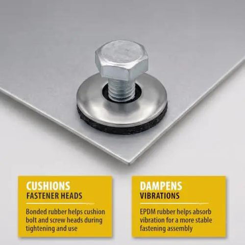 Heavy Duty Number Six EPDM Bonded Sealing Washers With 304 Stainless Steel Core And Tight Rubber Face For Roofing Screws Straight Up Weatherproof Top Shelf Fastening Hardware 500 Pack with bolt on metal sheet.