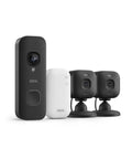 Hella Crisp 2K Smart Security Bundle With Battery Powered Front Porch Bell And Two Compact Indoor Cameras side view showing sleek matte black design and white chime.