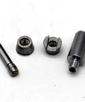 KHCRAFT dial test indicator components, front view: steel threaded probe rod, two dovetail clamps, mounting adapter.