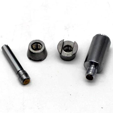 KHCRAFT dial test indicator components, front view: steel threaded probe rod, two dovetail clamps, mounting adapter.