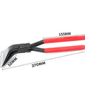Pro Grade Sheet Metal Folding Pliers With Straight, 45 Degree And 90 Degree Jaws For Tight Automotive Bends, red handles, measurements shown