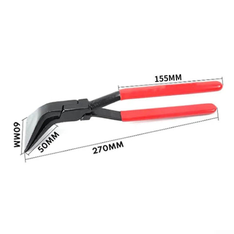 Pro Grade Sheet Metal Folding Pliers With Straight, 45 Degree And 90 Degree Jaws For Tight Automotive Bends, red handles, measurements shown