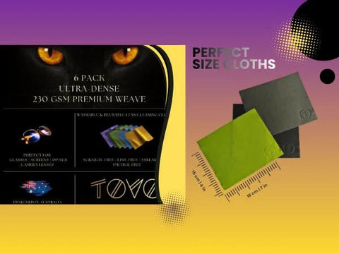 Front view of TOVO PRIME microfiber lens cleaning cloths, 6-pack, 6x7 inches, 230 GSM; packaging with cloth swatches.