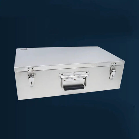 Front view of Rugged Heavy Duty Tool Box Organizer With Comfortable Handle For Garage And Outdoor Storage Portable Stainless Steel Case With Double Lock Versatile Tool Storage Box For Home Shop Or Yard