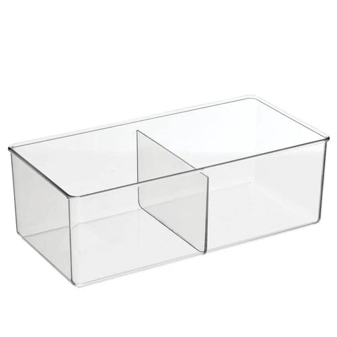 Two Compartment Clear Storage Box For Bedroom Organization BPA Free Plastic Clothes Organizer In Transparent Green Measures Six By Twelve By Four Inches Two Pack shown from side