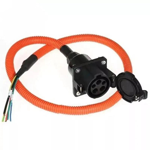 Built Tough Type 1 J1772 EVSE Inlet With 3.2 FT Level One And Two Charging Cable 16 Amp Electric Vehicle Socket Port in black with orange protective cover.