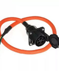 J1772 Type One Evse Charging Inlet With One Meter Cord And Locking Cap For 120V And 240V Up To 80 Amps IP54 rated, black and orange color.
