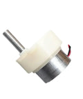 Side view of a DC gear motor with white plastic gear housing, metal can body, protruding shaft and red/black wires.