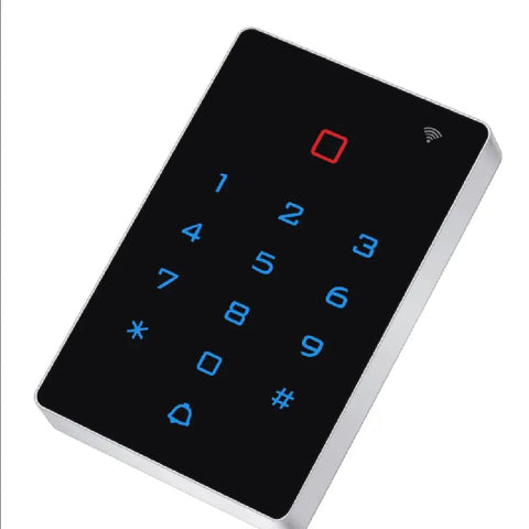 Front view of WiFi Tuya Access Control Keypad With 125kHz Card And Dope Mobile App Control, black with backlit numeric keys.