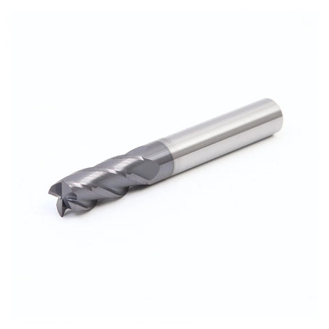 Angled view of carbide end mill, 18 mm dia x 100 mm length, 4-flute CNC cutter.