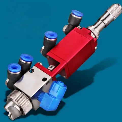 Pro Grade Precision Pneumatic Spray Valve With Micrometer Knob For Industrial Paint Glue Dispensing Heavy Duty Stainless Steel Housing G1/8 Thread 1 5mm Nozzle Compressed Air Atomizer, detailed angle view.