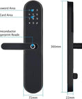 Ultra Secure Biometric Fingerprint Door Lock With Seamless App Control and All Weather Build front and side view, 360mm x 72mm x 22mm, zinc alloy material.