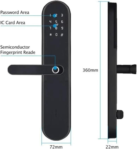 Ultra Secure Biometric Fingerprint Door Lock With Seamless App Control and All Weather Build front and side view, 360mm x 72mm x 22mm, zinc alloy material.