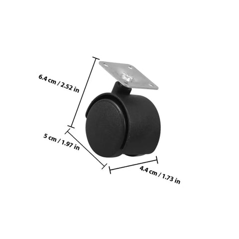 4pcs Inch Plastic Swivel Caster Wheels Replacement for Desk Chair showing a black plastic wheel with metal plate dimensions.