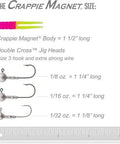 Crappie Magnet Best Of The Best Kit For Crappie Fishing With 96 Bodies, 15 Double Cross Jig Heads, And 4 EZ Floats size chart