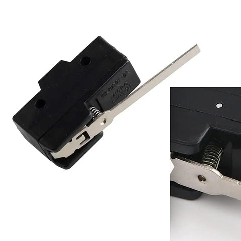 Close-up of Tough Little Micro Limit Switch LXW5 11N1 1NO 1NC with long lever arm, black casing, and silver lever, shown from angle view.